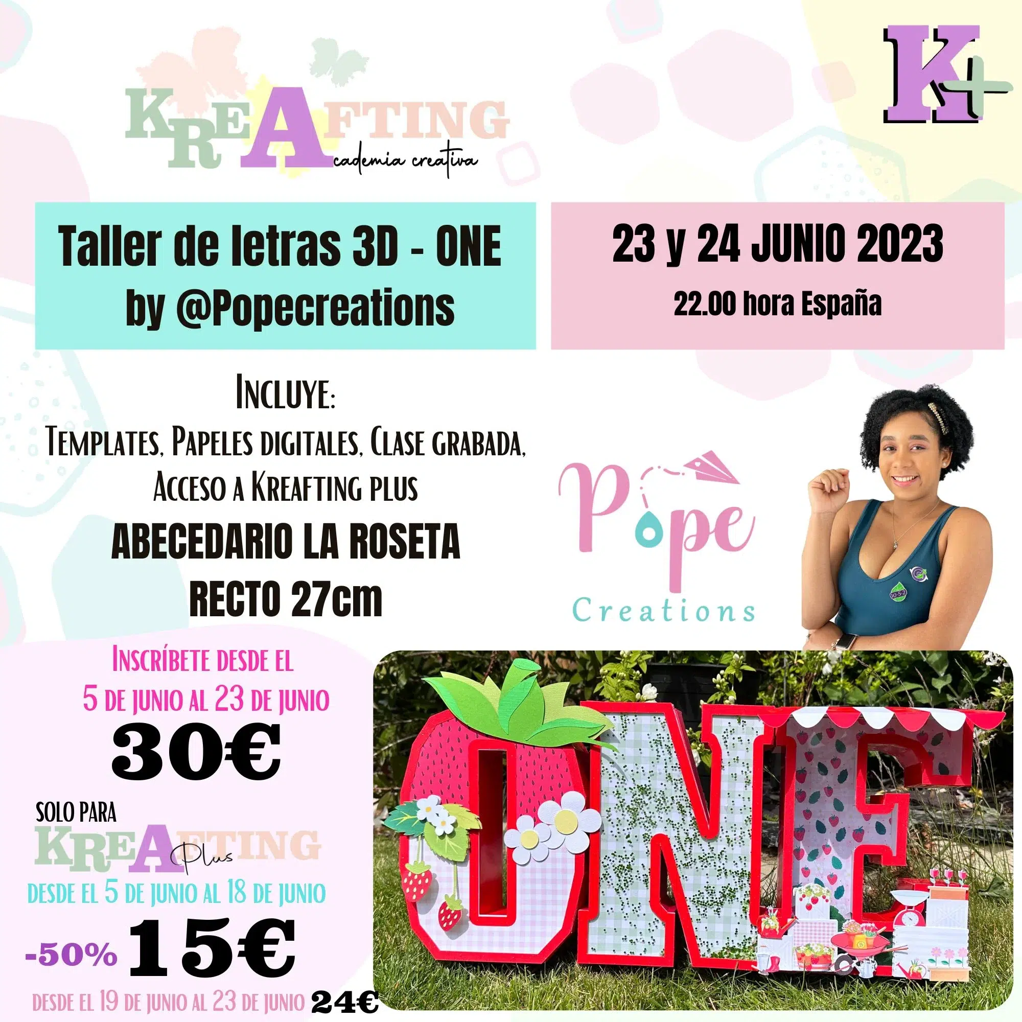 k-talleres-2×2-12.webp TALLER online montaje - Letras 3D ONE + Abecedario letras 3d La Roseta, recto de 27cm, 15cm, 10cm - Archivos SVG, Studio, Brother Scanncut. - Imagen 1